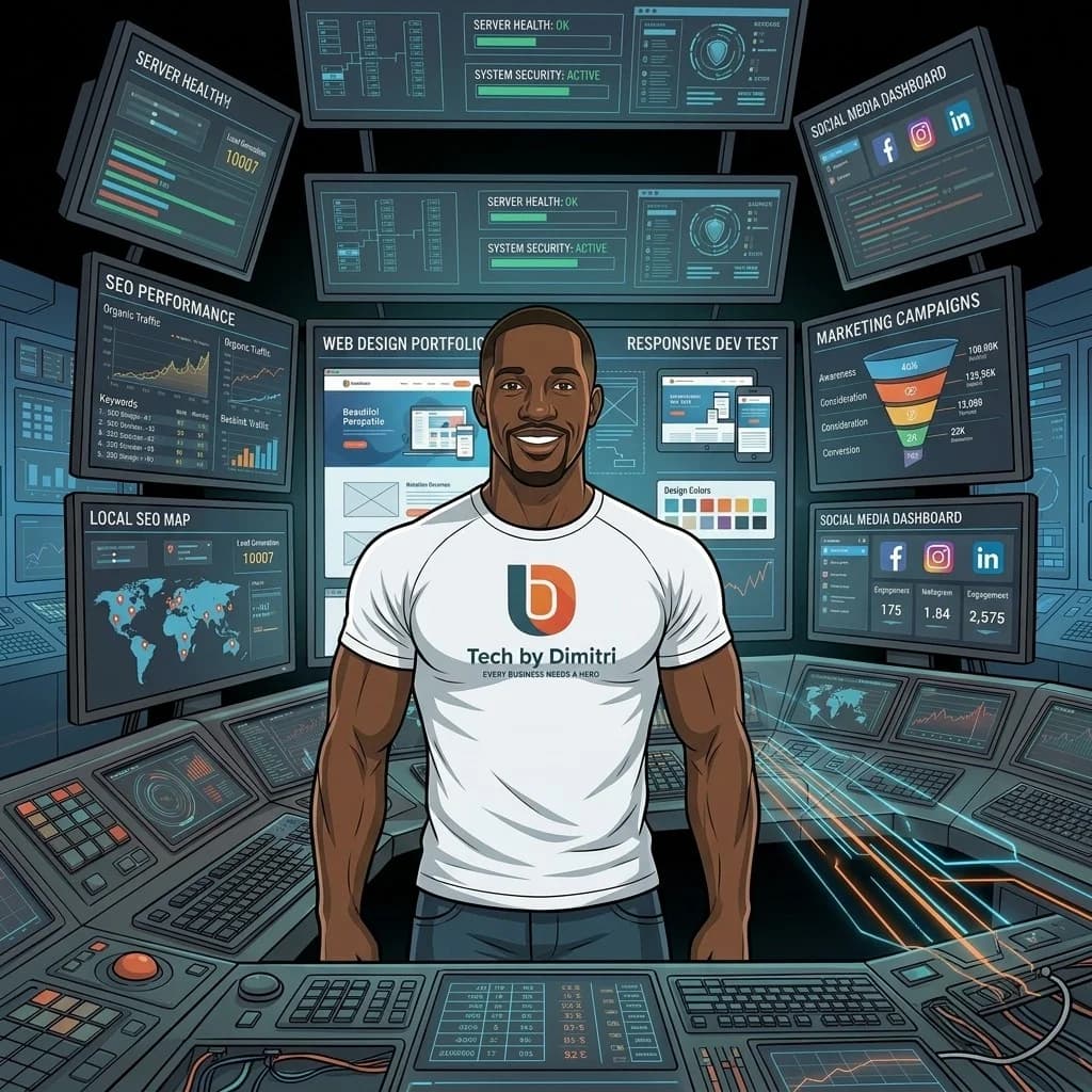 Dimitri in a command center surrounded by web design, SEO, marketing and server health screens