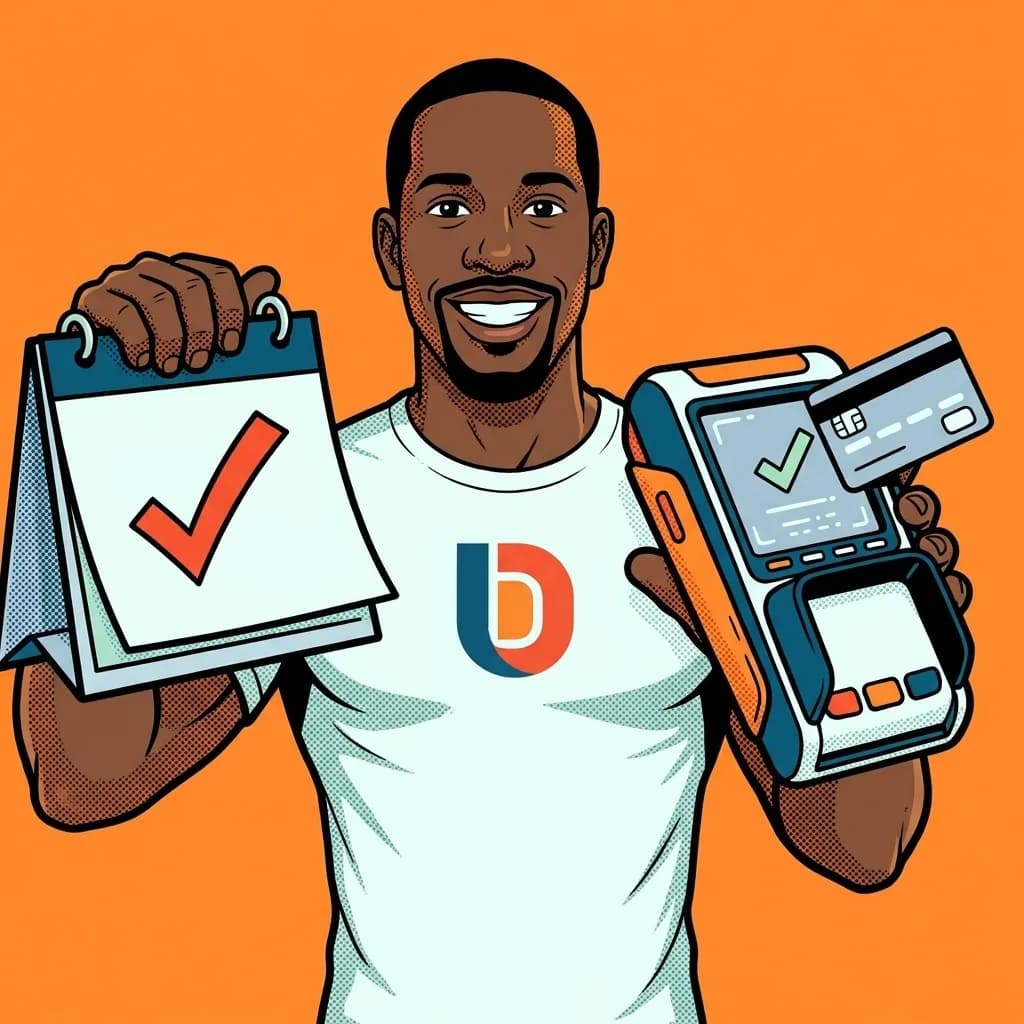 Dimitri holding a ticked calendar and a card payment terminal