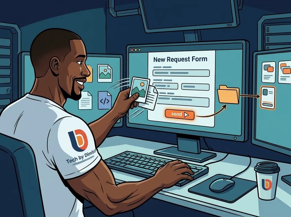 Dimitri at his desk, attaching a photo and a document to a new request