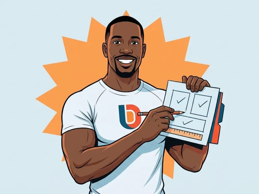 Dimitri holding up a one-page plan with ticked boxes