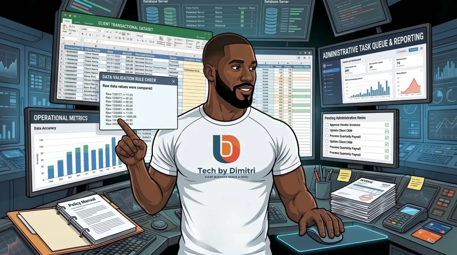 Dimitri at a control desk, checking a task queue, a spreadsheet and a stack of paperwork